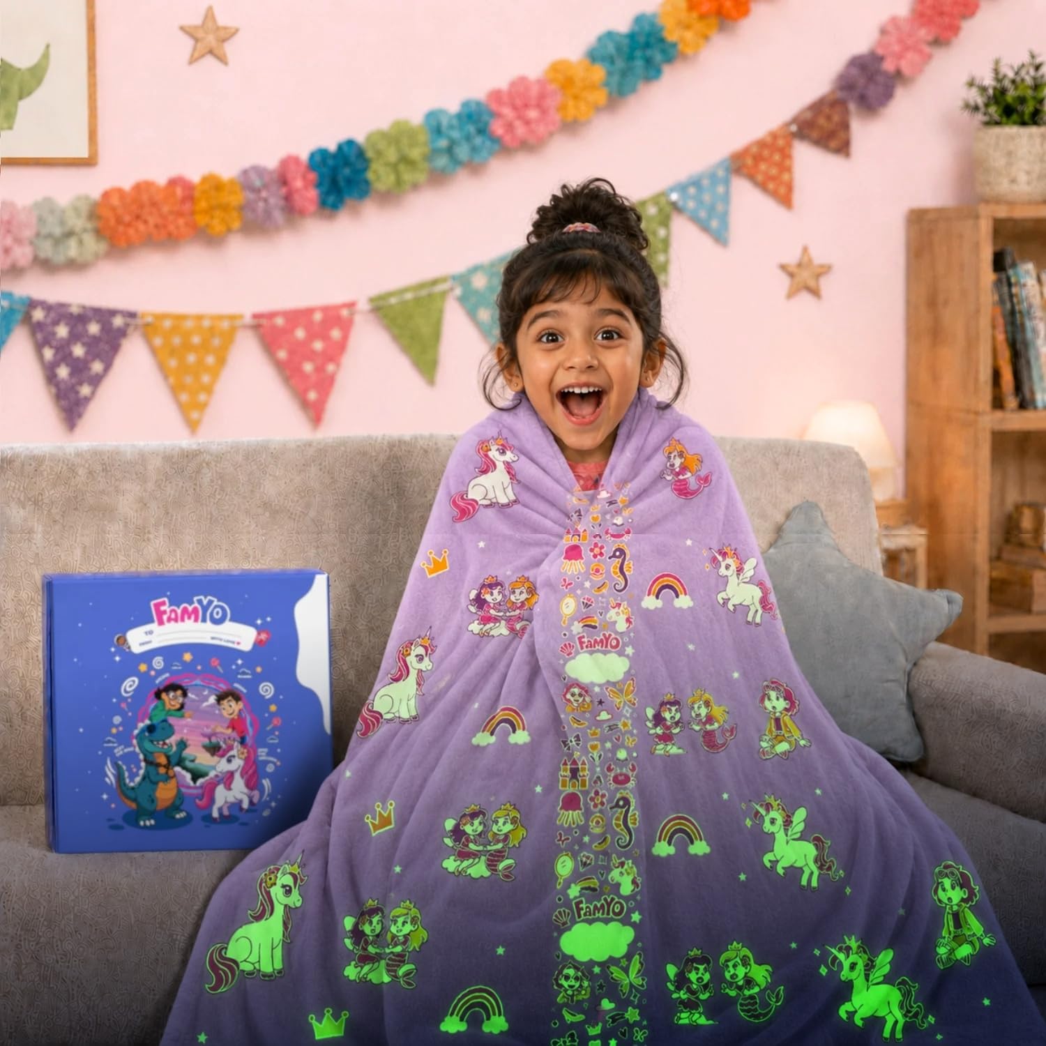 Famyo® GlowMaxx Glow Blanket for Kids – Mira The Mermaid | Soft Flannel Double Bed Blanket 200×152 cm | Glow in Dark Winter Blanket | Safe & Lab-Tested | Best Gift for Kids (Purple)-image-9