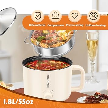Electric Hot Pot 1.8L Mini Multifunctional Electric Pot with Overheat Boil Dry Protection Multifunctional Portable Travel Cooker 2 Gear Non Stick Fring Pan for Steak Egg Fried Rice Soup (Double layer)