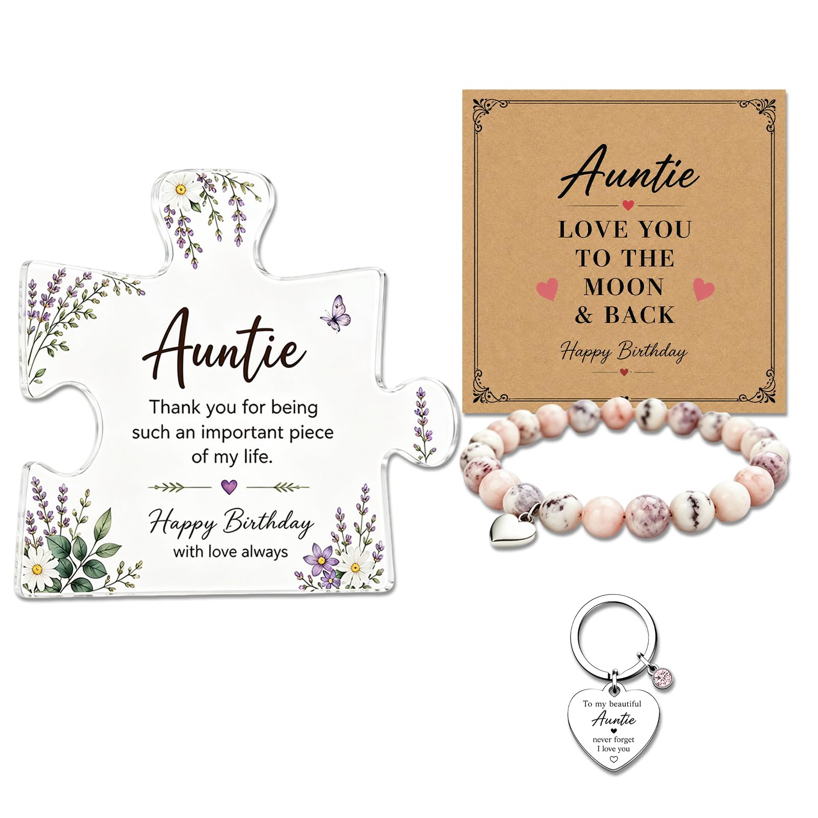 Auntie Birthday Gifts, Acrylic Puzzle Plaque & Auntie Bracelet - 3 Pcs