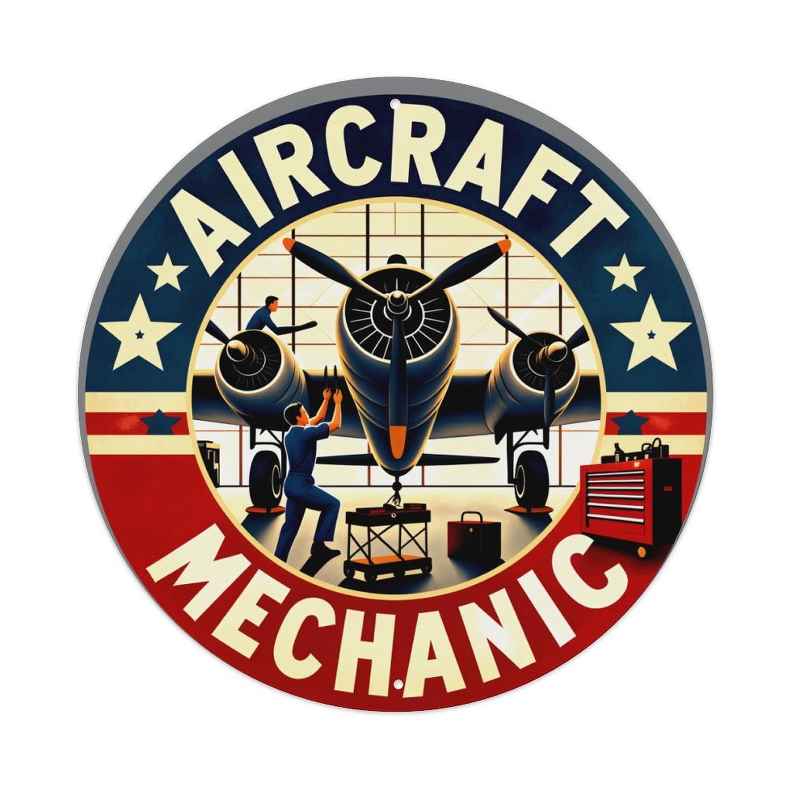 Aircraft Mechanic Emblem Design Art Round Tin Sign Vintage Style Metal Sign Home Bar Garden Wall Plaque Decor Metal Poster 8x8 Inch