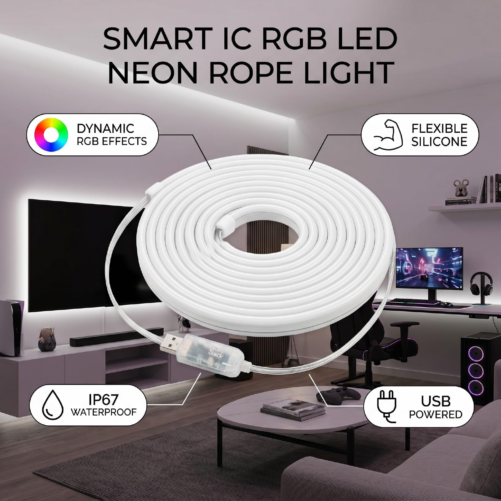 Fafeicy Luces de Cuerda de Neón Smart IC RGB, Tira Alimentada por USB | Control Remoto de Sincronización de Música con Aplicación, Densidad Nominal de 30 LED/m, Tubo Flexible de Silicona IP67,