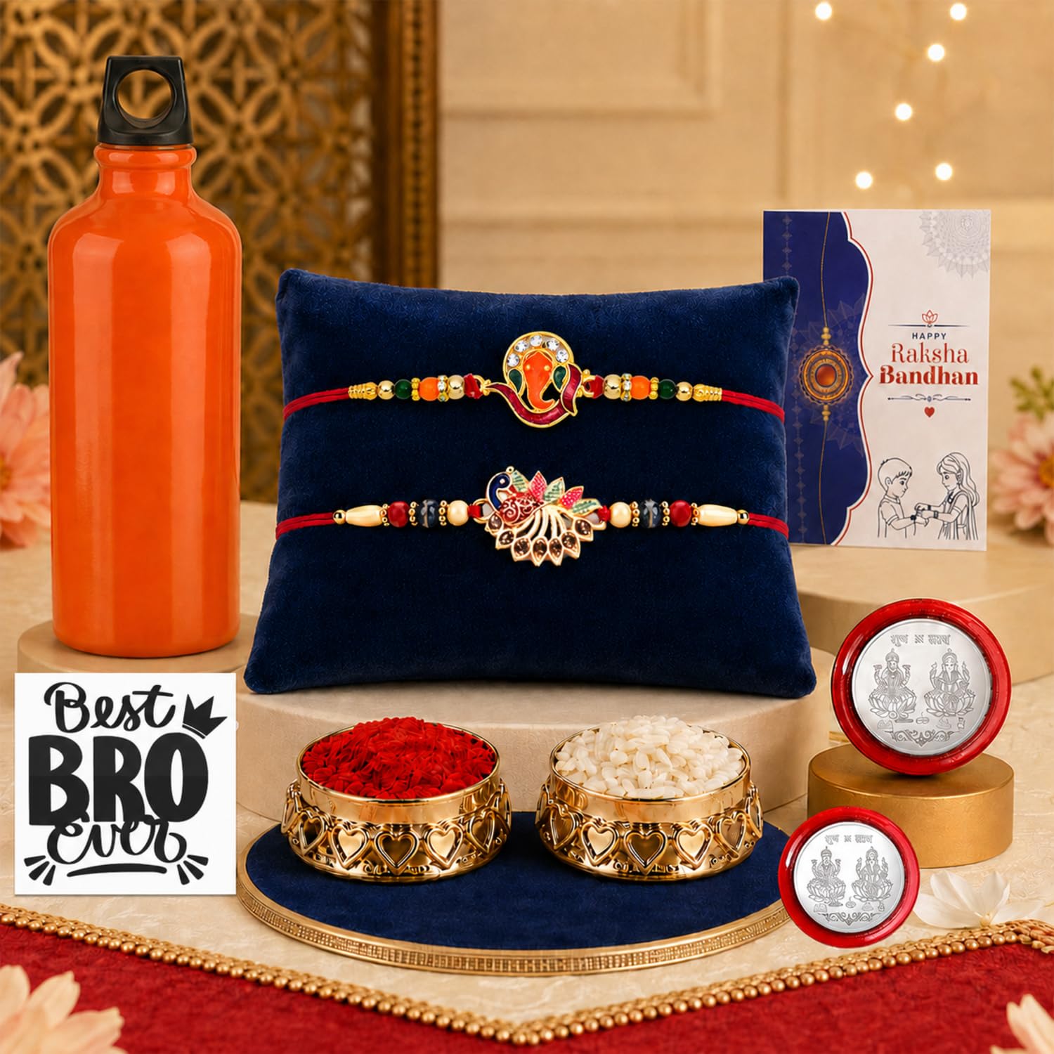 Oblivion Rakhi Set of 2 for Brother – Silver Color Pooja Coin and Greeting Card with Shake Mug 2 Pcs, Raksha Bandhan Gift Combo for Bhaiya, Bhabhi & Kids, Traditional Pack for Festival Celebrations-picture-1