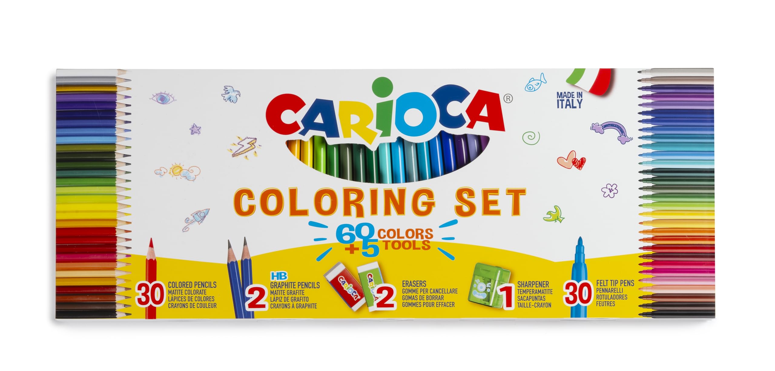 Carioca Set de Dibujo | Caja Especial con 30 Rotuladores Joy Punta Fina y 30 Lápices de Colores TITA | Incluye 2 Lápices de Grafito HB, 2 Gomas de Borrar y Sacapuntas con Depósito | 65 piezas