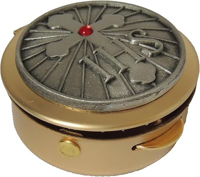 Abbey + CA Gift Communion Pyx Box with IHS Cross Lid Decal, Polished Brass Catholic Host Holder Size 2 Holds 12-15 hosts