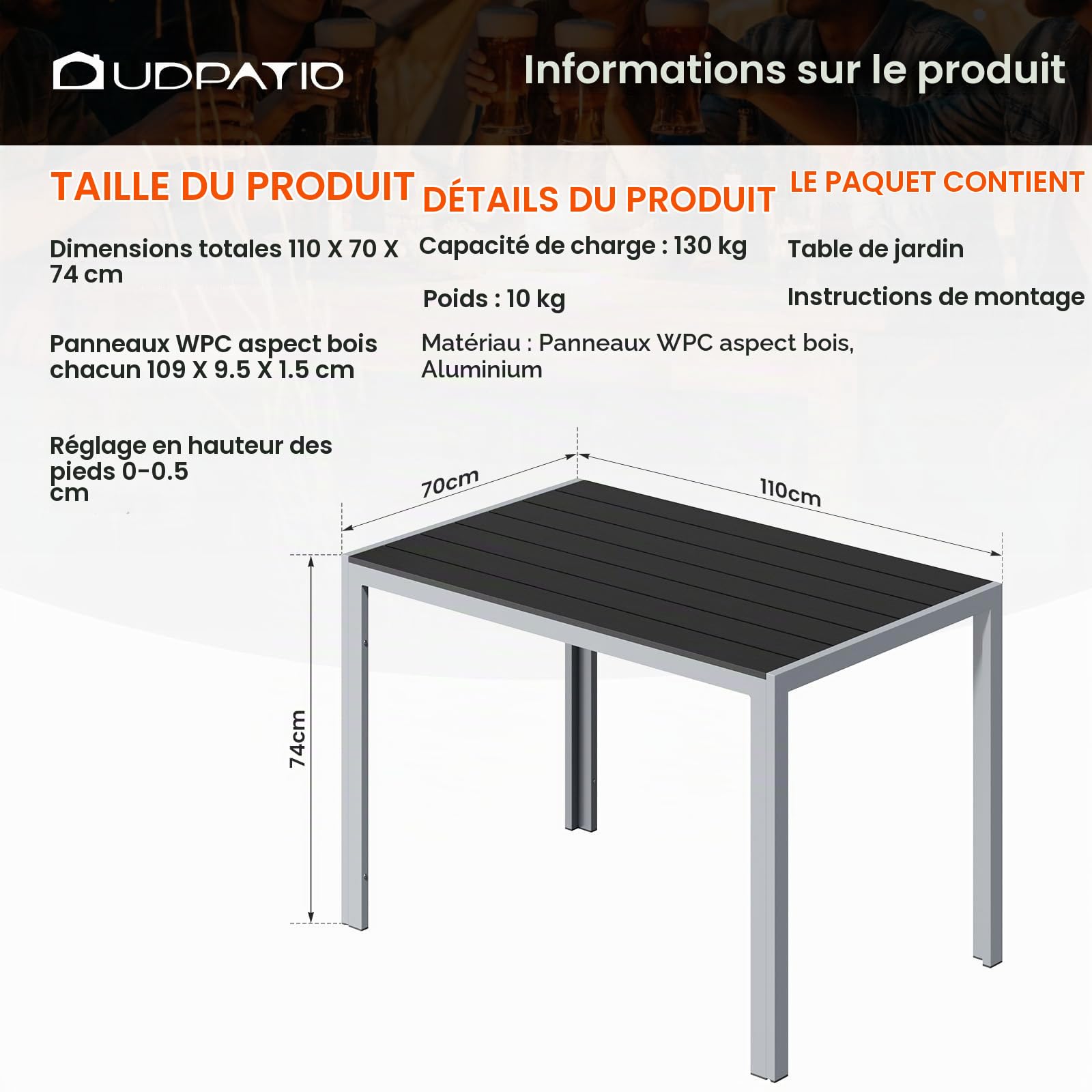 UDPATIO Table à Manger Extérieur 110x70 cm, Table de Jardin en WPC avec Cadre en Aluminium pour 4-6 Personnes, Table de Terrasse Résistante aux Intempéries, Effet Bois Élégant, Argenté + Gris Foncé