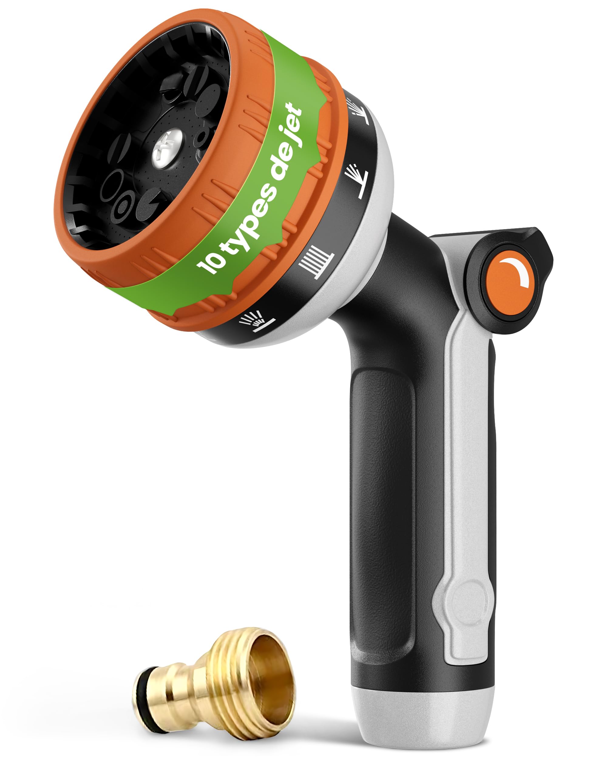 rainfactory pistolet arrosage - douchette jardin multifonction avec 10 modes de pulvérisation, haute pression et poignée ergonomique - lance arrosage avec embout tuyau 3/4" en laiton