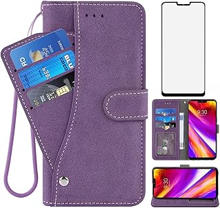 Compatible with LG G7 ThinQ Wallet Case and Tempered Glass Screen Protector Flip Cover Credit Card Holder Cell Phone Cases for LGG7 One G 7 Plus LG7 Fit LG7ThinQ 7G Thin Q G7+ G7thinq LGG7thinq Purple