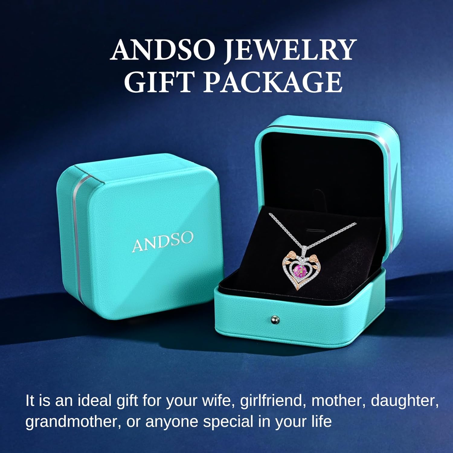 ANDSO Valentine's Day Gift Heart Birthstone Necklaces for Women, 925 Sterling Silver Gold Plating Rose Flower Opal Necklace, Ideal Anniversary Birthday Jewelry Gifts for Mom Wife Girlfriend Her - Image 6
