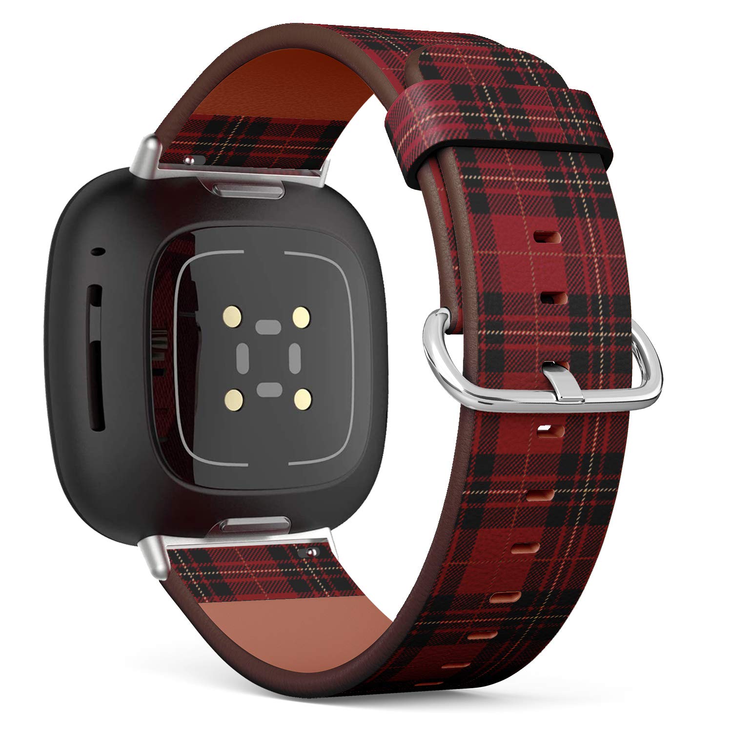 Replacement Leather Watch Band, Compatible with Fitbit Versa 3/4 and Fitbit Sense/Sense 2 - Red Tartan Plaid Scottish Pattern