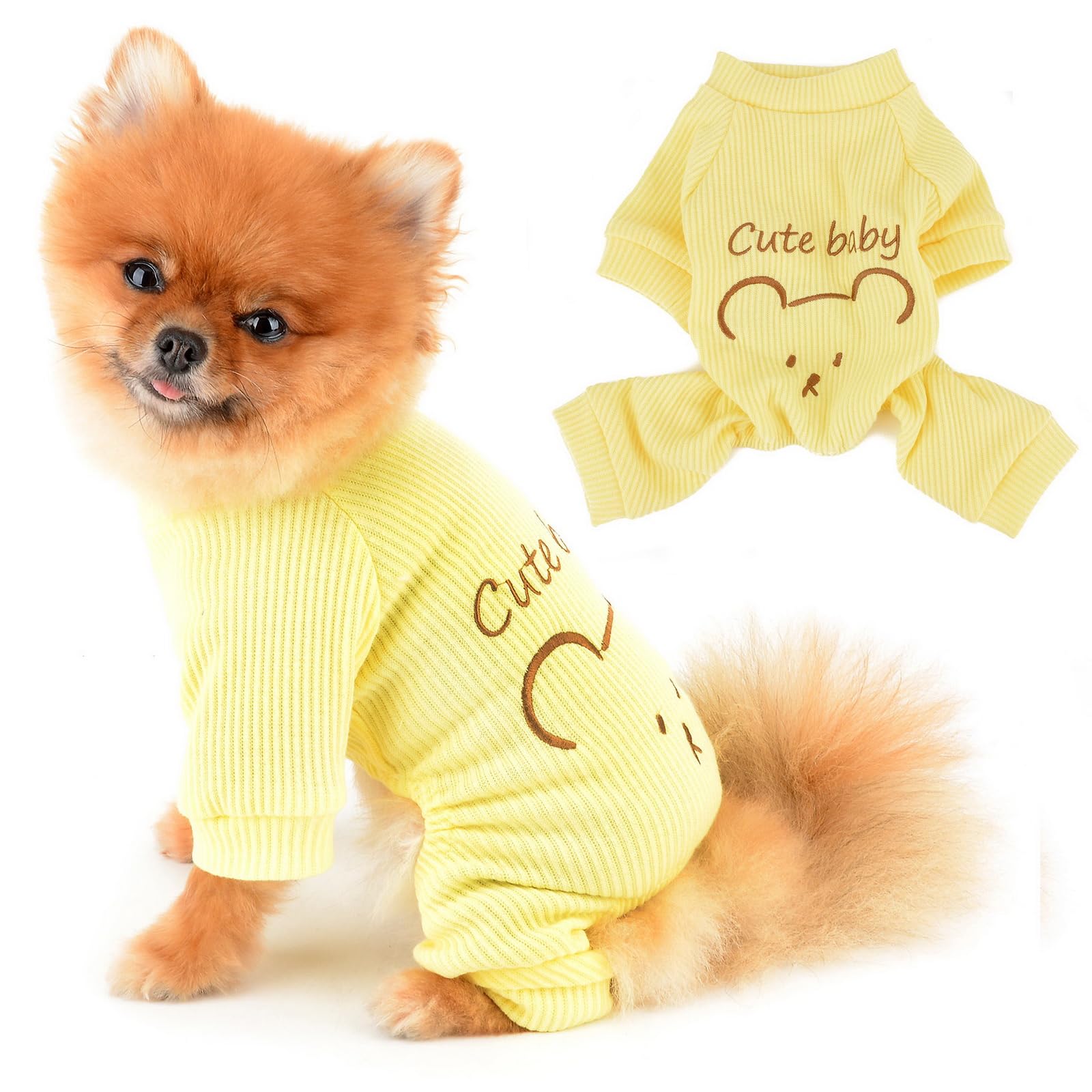 PAIDEFUL Small Dog Pajamas Cartoon Cute Stretchy Knitting Pjs Four Leg Pet Jammies Soft Comfortable Puppy Fall Winter Clothes Cat Pullover Jumper Jumpsuit Homewear, Yellow, S
