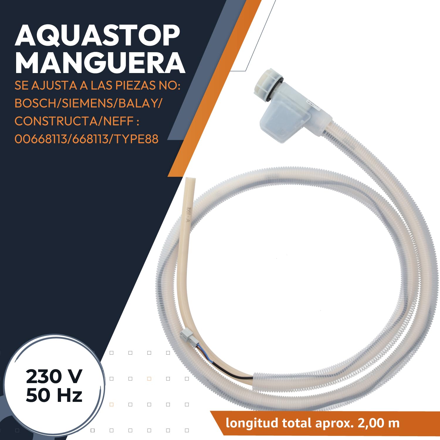 Kenekos - Manguera Aquastop de 1,68 m compatible con lavavajillas Bosch Siemens iQ300 iQ500 iQ700 SuperSilence, tipo BITRON tipo 88 3/4 pulgadas, alternativa para 00668113/668113