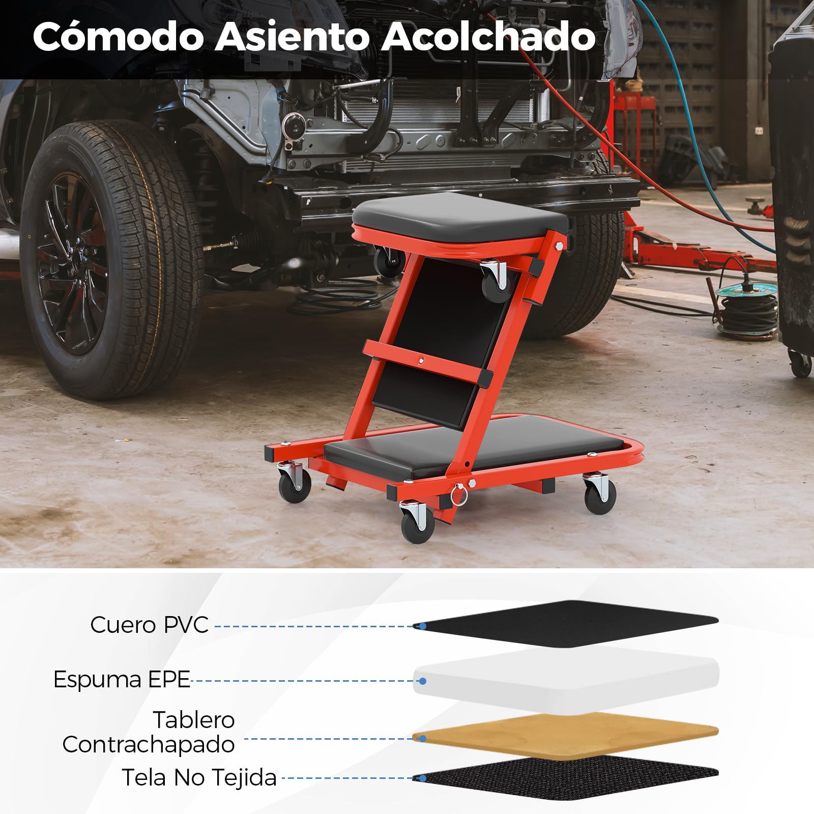 GOPLUS Silla de Taller Mecánica Plegable 2 en 1 de 102 cm con Asiento Acolchado y 6 Ruedas, Transformable en Banco para Garaje y Reparación de Automóviles (Negro)