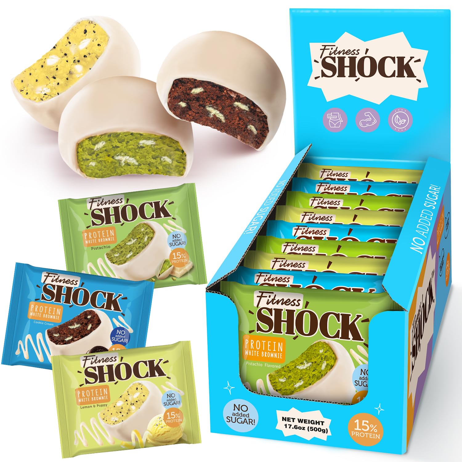 FitnesSHOCK Protein Snack Mixbox ohne Zucker mit 15% Eiweiß, Nährstoffreich, low carb, Reich an Ballaststoffen, weiche Konsistenz, ohne GVO 9 Stück х 50g: Pistazien, Zitrone-Mohnsamen, Cookie Cream