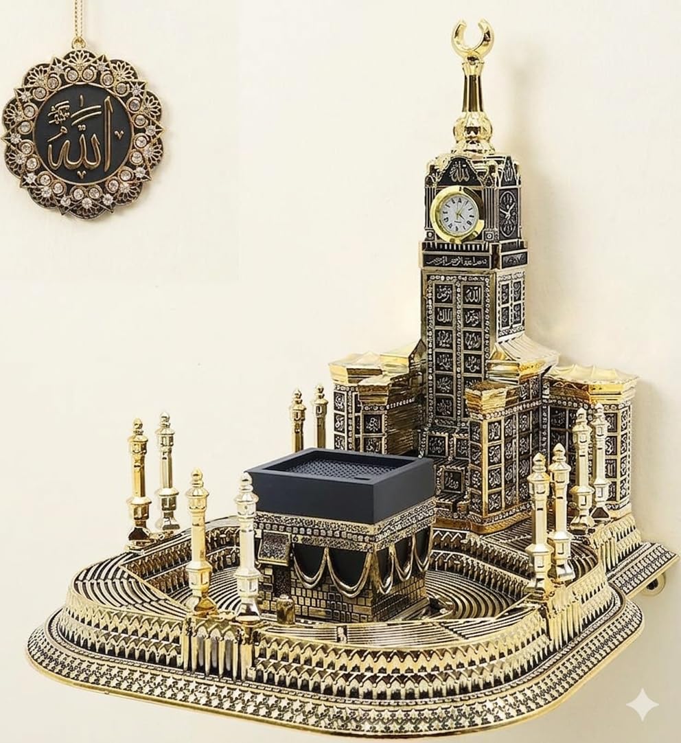3D Makkah Royal Clock Tower and Holy Kaaba Replica Model Wall Sticker, Gold, Islamic Home Decor, with Allah Wall Medallion, 60.96 x 60.96 cm-image-9