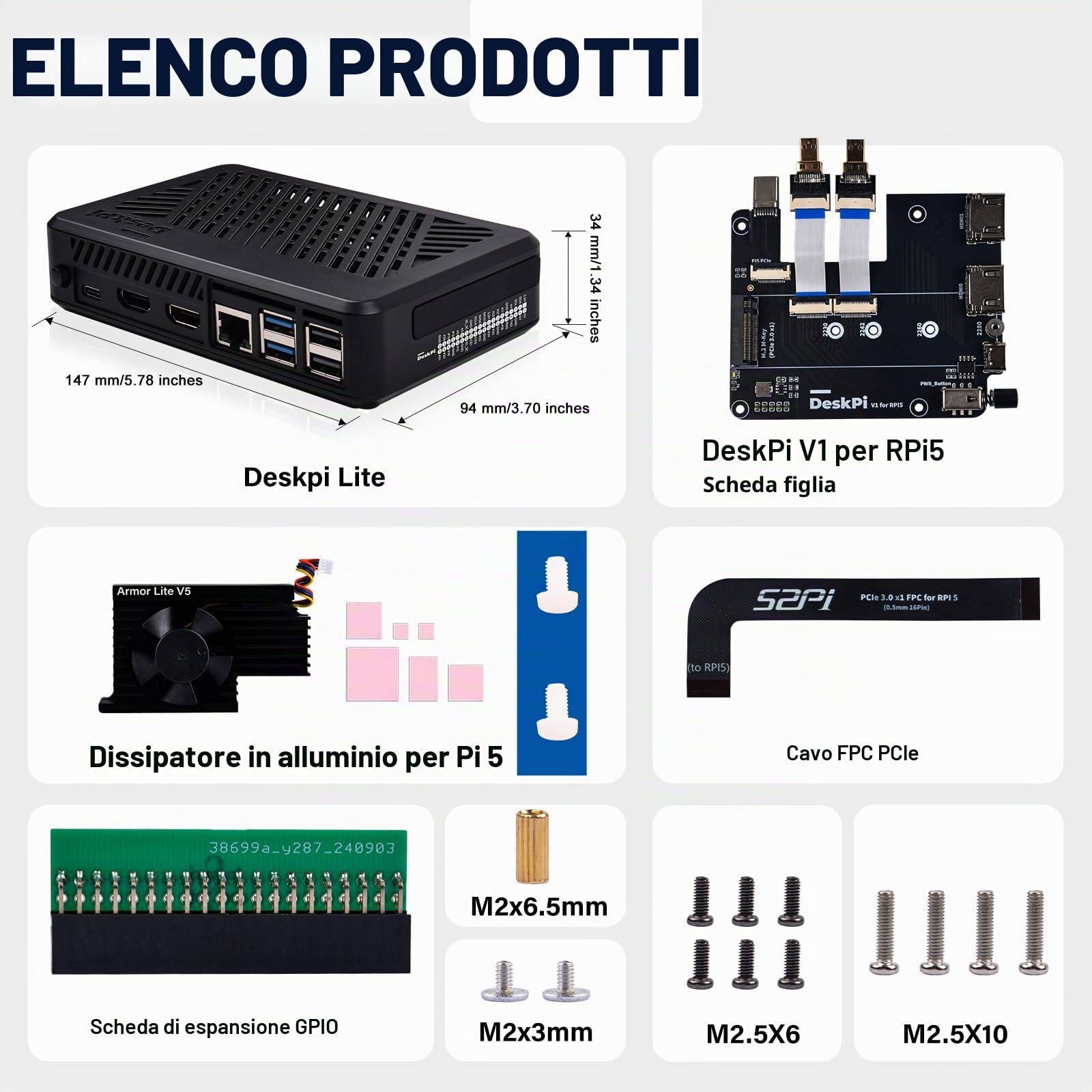 GeeekPi DeskPi Lite Pi5 Case con pulsante di accensione, PCIe a M.2 HAT, Active Cooler, e Dual Full-Size HDMI per Raspberry Pi 5, supporta M.2 NVMe M-Key 2230/2242/2260/2280 SSD