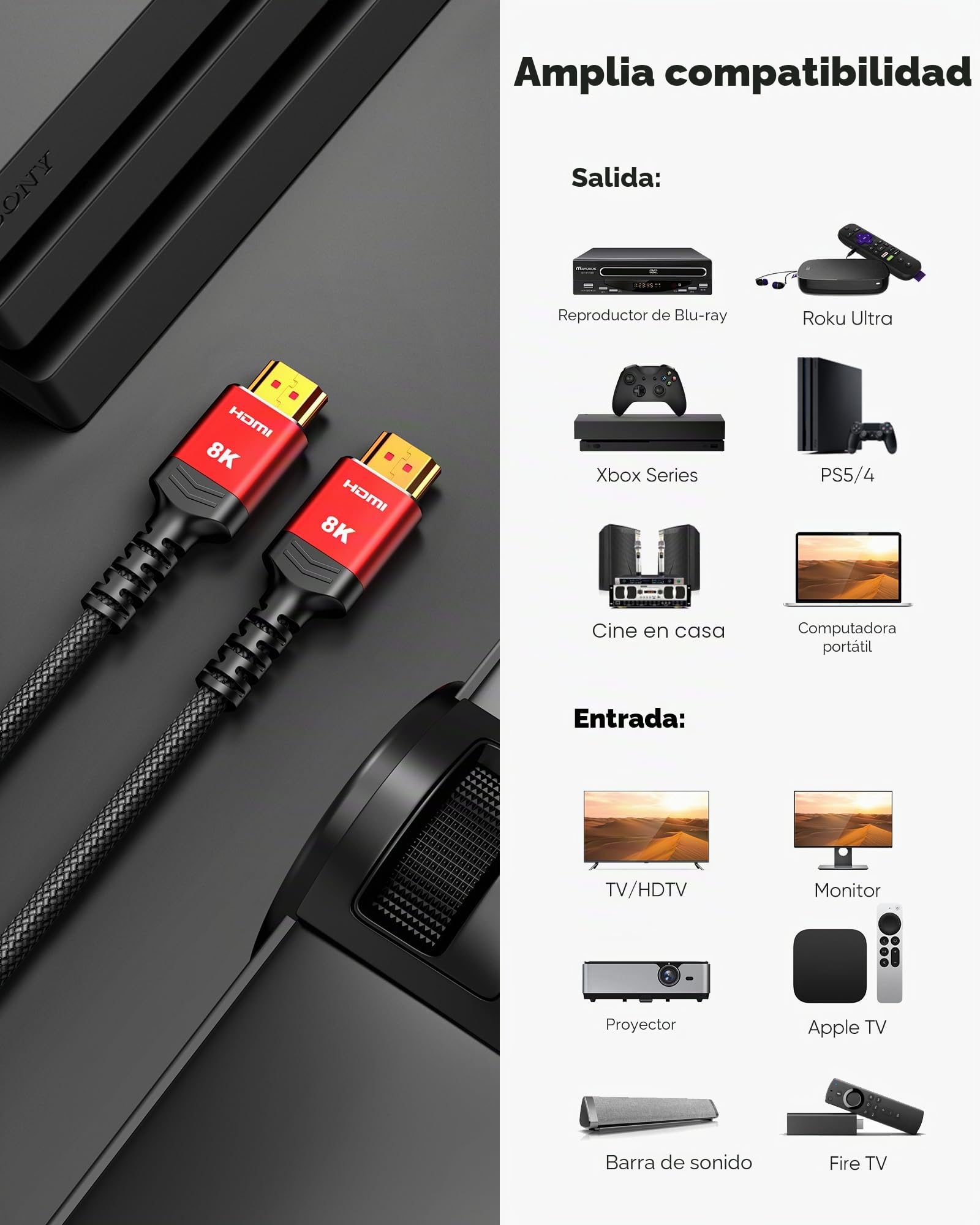 Highwings Cable HDMI 2.1 8K 10K de 6.6 pies/2 m, cable HDMI de ultra alta velocidad, cable trenzado 4K a 120Hz 8K a 60Hz, DTS:X, HDCP 2.2 y 2.3, HDR 10 compatible con Roku TV/HDTV/Blu-ray