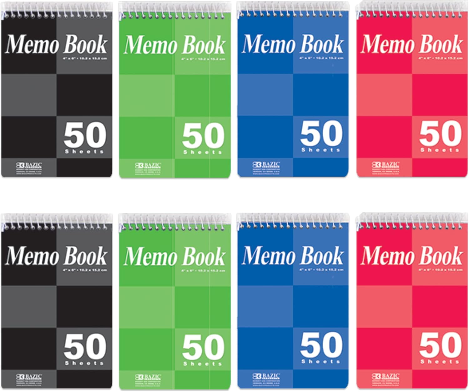 BAZIC Small Notebook Memo Size Pad, 4x6 Spiral Top Bound, 50 Sheets Wirebound Pocket Personal Notebooks, Assorted Color, Total 8 Count