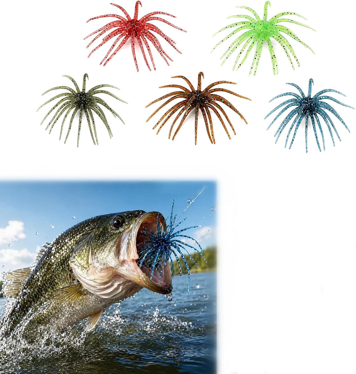 Slow-Sinking Sea Urchin Imitation Soft Fishing Lures, Creature Bait for Bass Fishing, Trout, Sea Bass & Catfish, Weedless Soft Plastic Jigging Baits for Freshwater & Saltwater, 5 Pcs