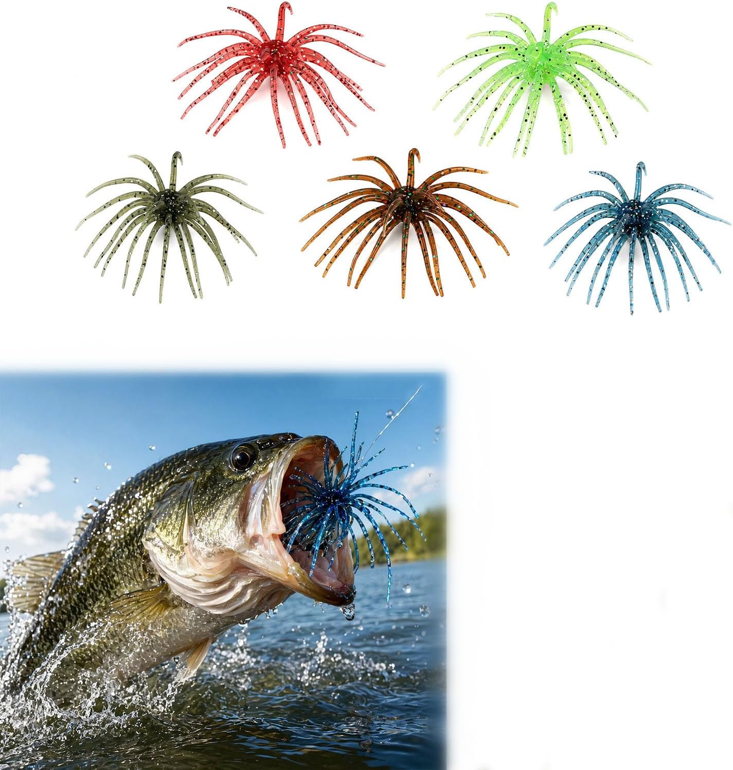 Slow-Sinking Sea Urchin Imitation Soft Fishing Lures, Creature Bait for Bass Fishing, Trout, Sea Bass & Catfish, Weedless Soft Plastic Jigging Baits for Freshwater & Saltwater, 5 Pcs
