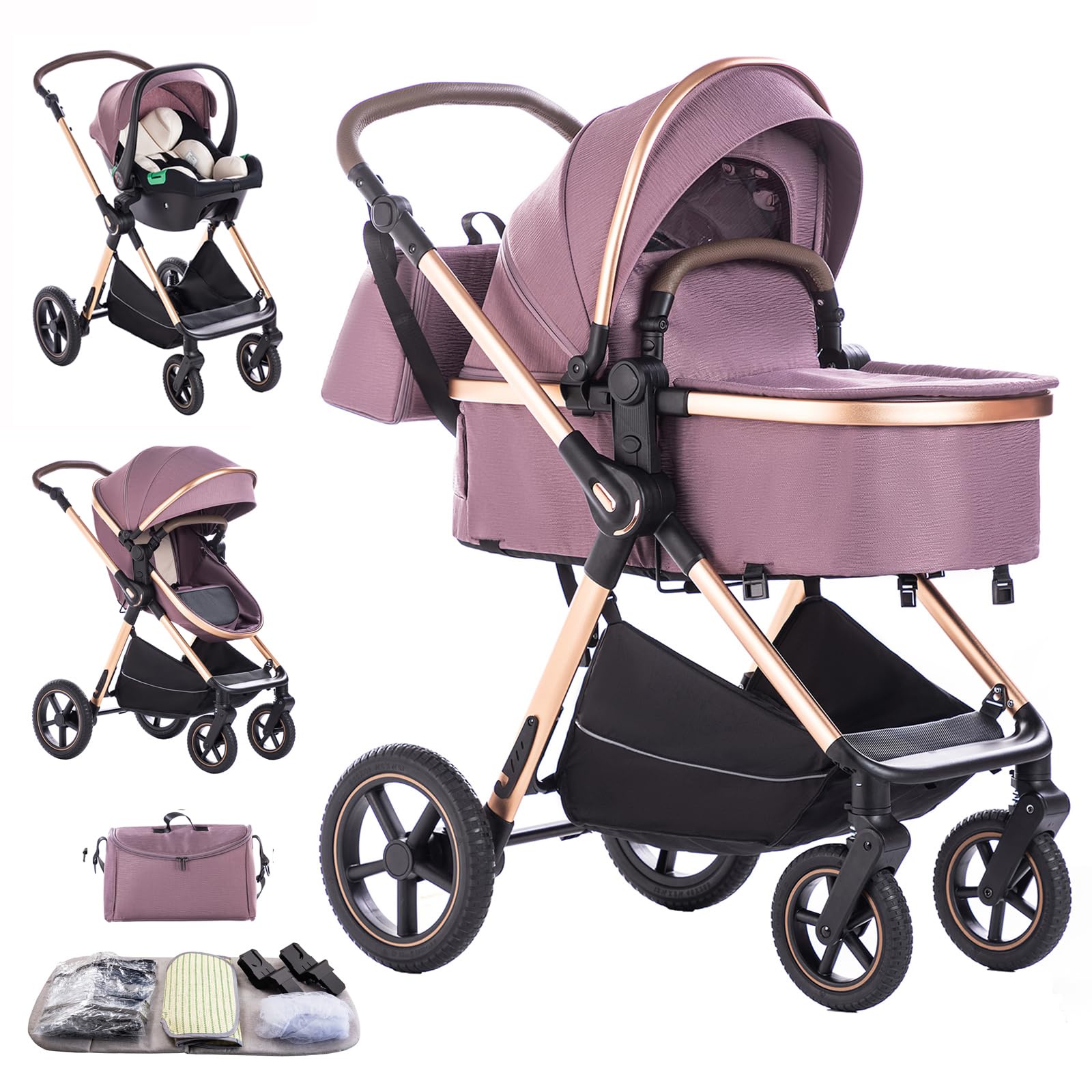 Compact Combined Stroller 3 in 1 High Landscape Quadruple Folding Baby Stroller 0-4 Years (D2 Purple, H2-D)