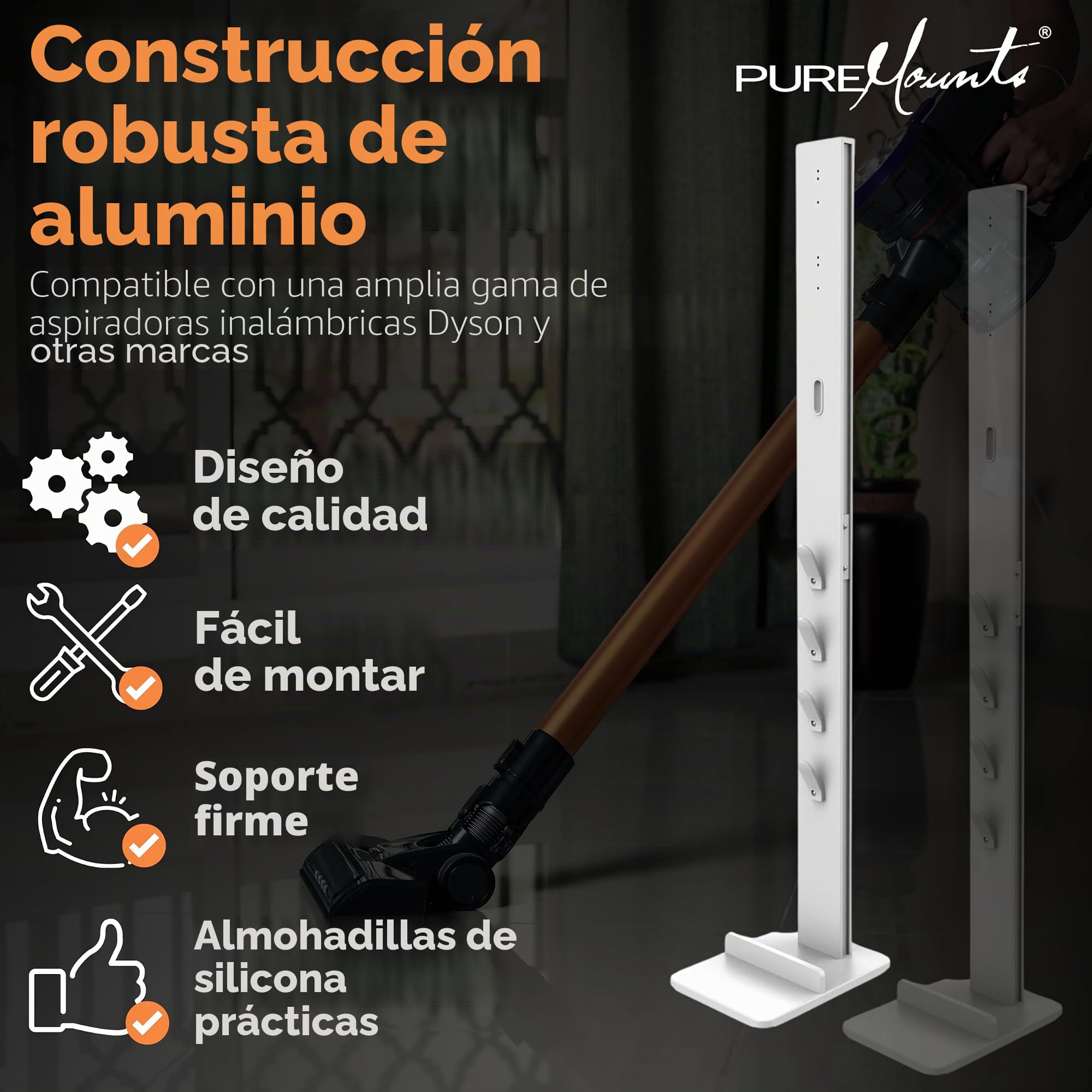 PureMounts - Soporte de Suelo para aspiradora Dyson V6 Pro, V7, V8, Cyclone Absolute, V10, Torque Drive y V11, V12 Slim, V15 Detect Absolute - Blanco