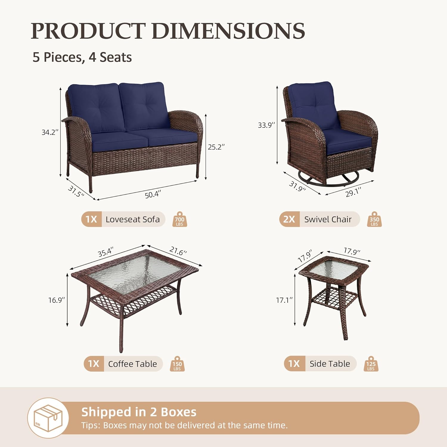 UPHA 5 Pieces Patio Furniture Set, High Back Wicker Outdoor Loveseat Sofa Set with Swivel Chairs, All-Weather Patio Conversation Set for Deck Backyard Porch, 4 Seats, Navy Blue