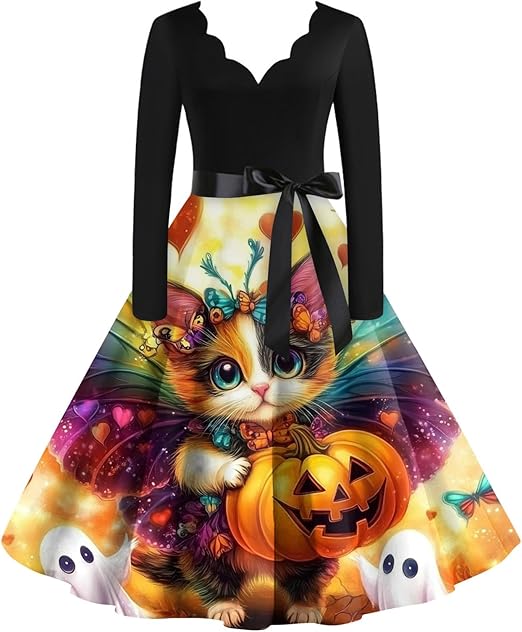 OIOLOYJM Sexy Plus Size Halloween Costumes Woman 2025 Long Sleeve V Neck Printed Gothic Retro Formal Party Dresses for Women