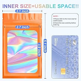 100 Pieces Smell Proof Mylar Resealable Bags, Holographic Packaging Bags, Resealable Odor Foil Pouch Zip Bags with Clear Window for Food Storage and Lipgloss, Jewelry Lash (Orange, 3.1 x 5.1 Inch)