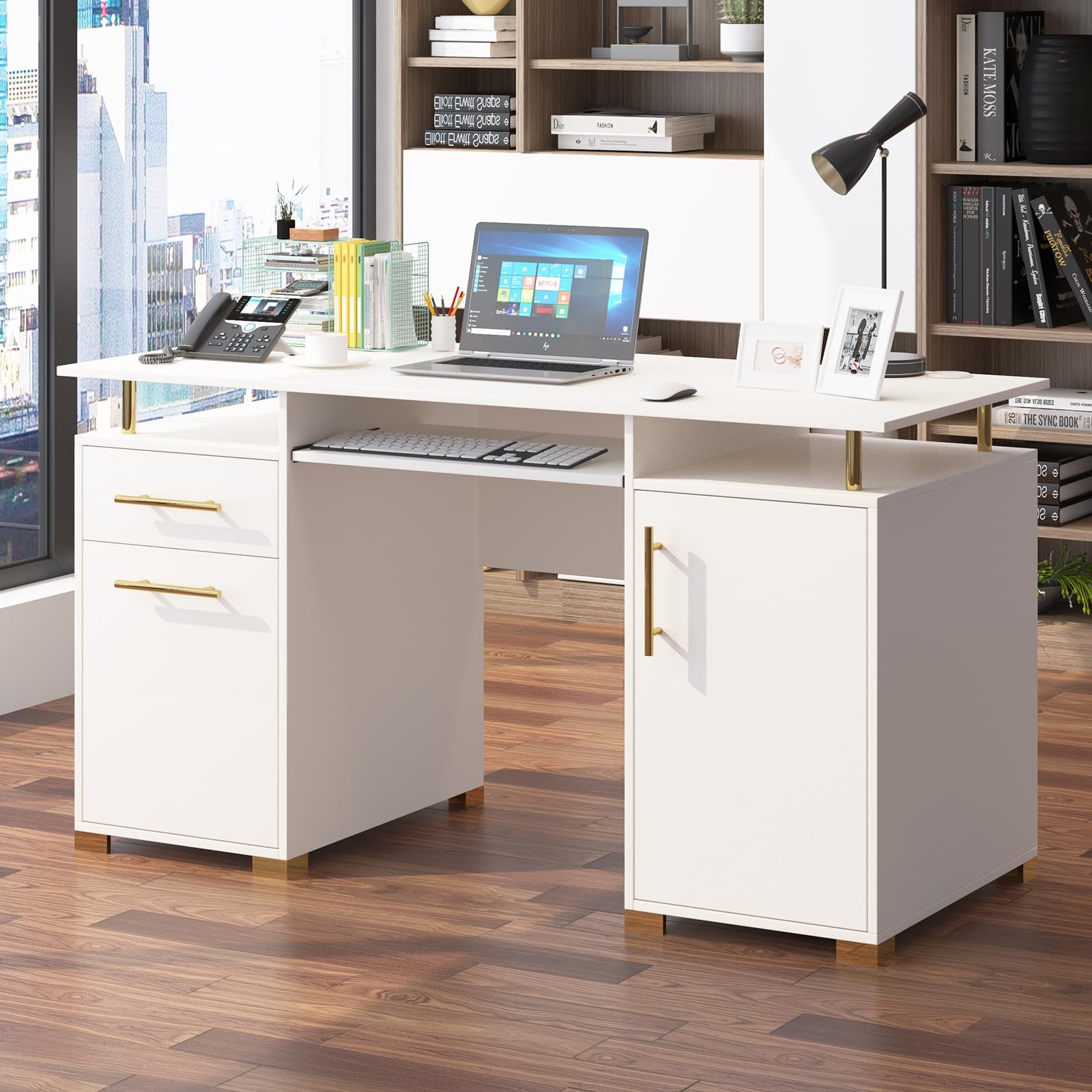 MaverickFurni White and Gold Desk with Drawers, 55 Inch White Executive Desk with Keyboard Tray, Computer Desks with Storage File Cabinet for Office