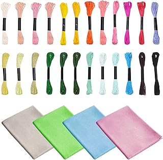Set of 28, Needlework Fabric and Rainbow Color Embroidery Floss, findTop 4 Colors Natural Linen Fabric Cross Stitch Aida Cloth (19.7 x 27.6 Inch) and 24 Colors Cross Stitch Threads