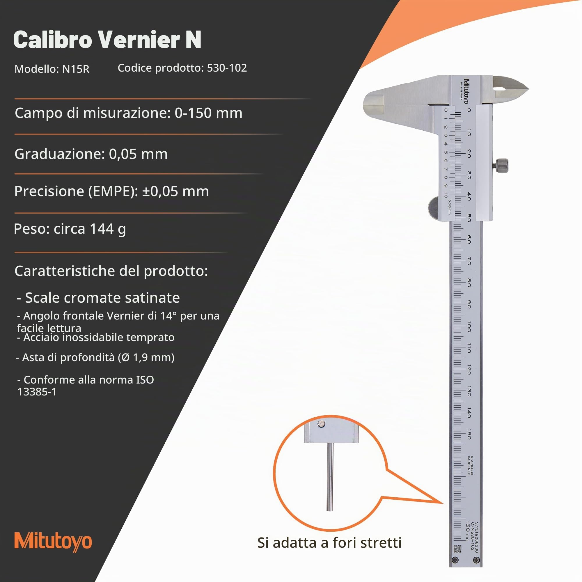 Mitutoyo 530-102 Calibro a nonio N15R, 0-150 mm | 0,05 mm, lettura meccanica, asta di profondità tonda, robusto