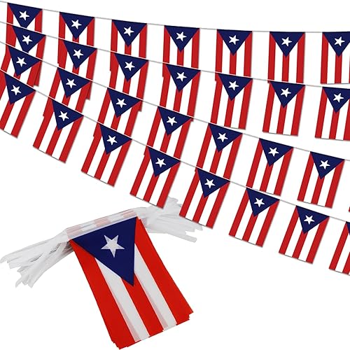 Banderín de bandera de Puerto Rico  38 banderas, 42 pies pequeñas mini banderas puertorriqueñas para decoración de campo, escuela, fiesta, eventos