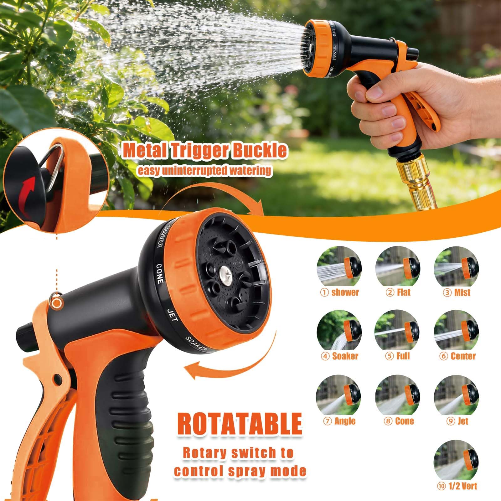 Tubo da Giardino Estensibile 30M – Raccordi Universali 1/2" e 3/4" Anti-Perdita, Tubo Acqua Flessibile, Pistola 10 Funzioni per Auto e Giardinaggio (Arancione)