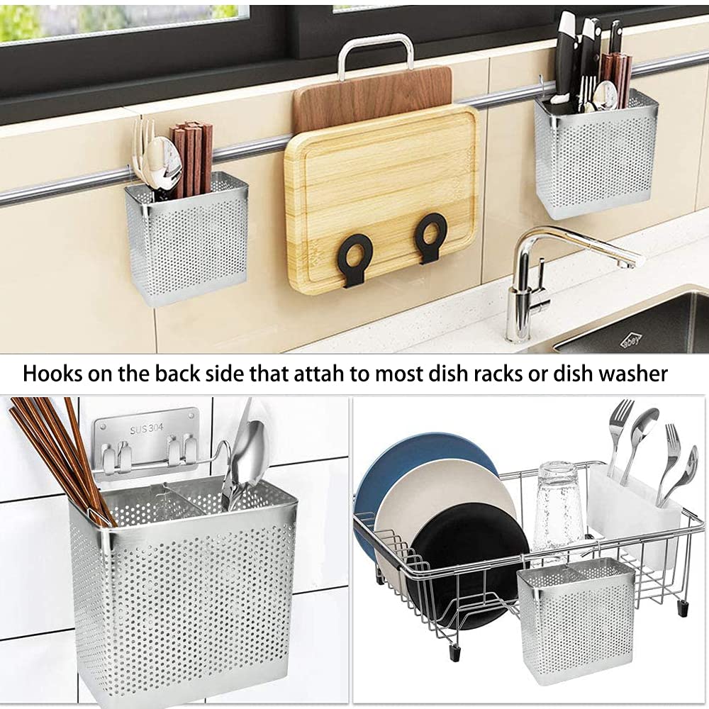 Scolaposate da Cucina, Cestello per Posate, Organizzatori Porta Spugne, Portaposate Scolaposate in Acciaio Inox, con 2 Scomparti, per Posate e Utensili da Cucina (A)