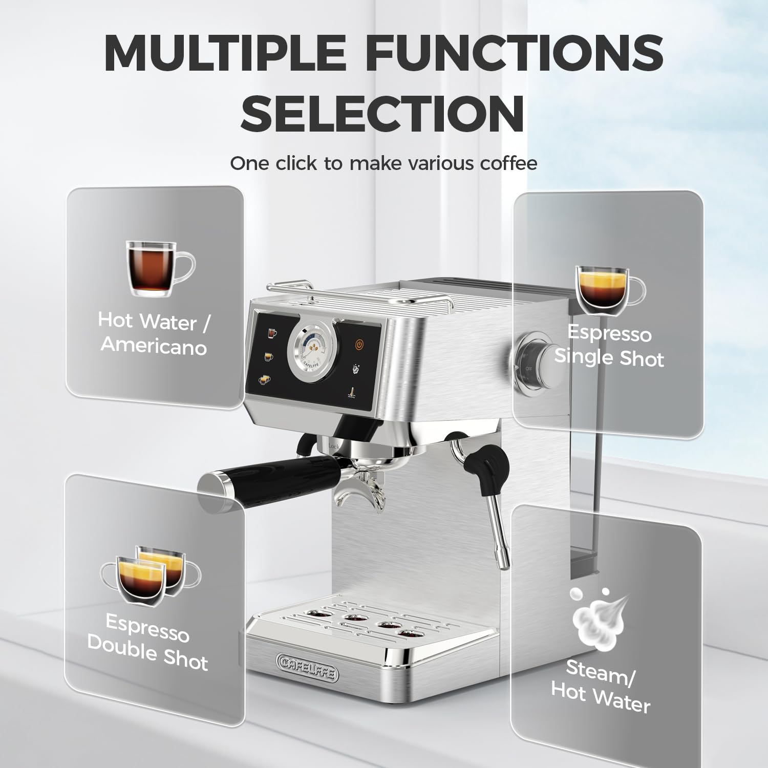 CAFELFFE MK-902 Machine à expresso 20 bars, machine à café entièrement en acier inoxydable, mousseur à lait puissant pour latte/cappuccino, café chaud/froid, réservoir de 1,5 l et 1350 W
