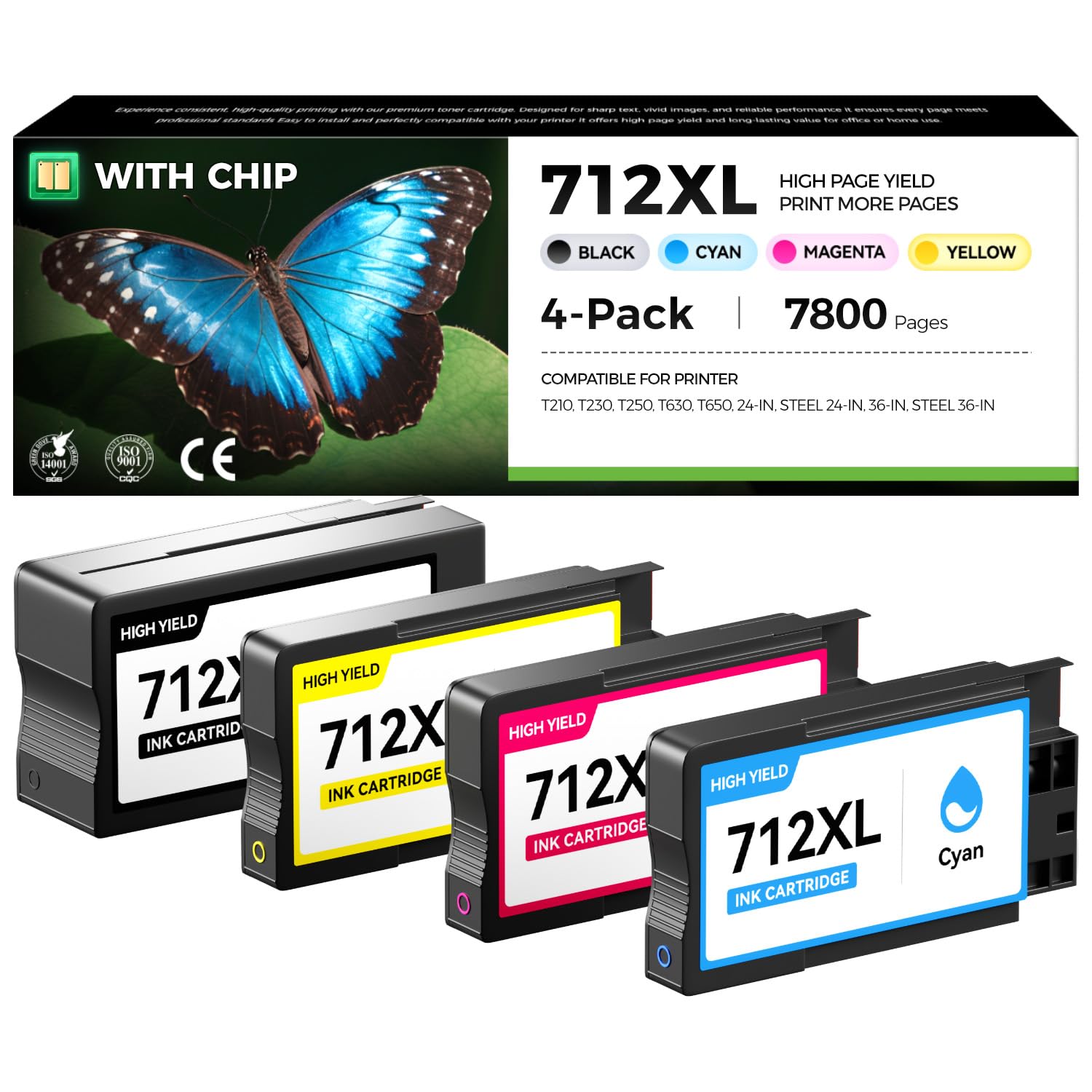 712 712XL Ink Cartridges Combo Set 4-Pack High Yield with chip Replacement for HP 712 712XL Ink Compatible with HP Designjet T650 T630 T230 T210 T250 Studio Plotter Printer (Black/Cyan/Magenta/Yellow)