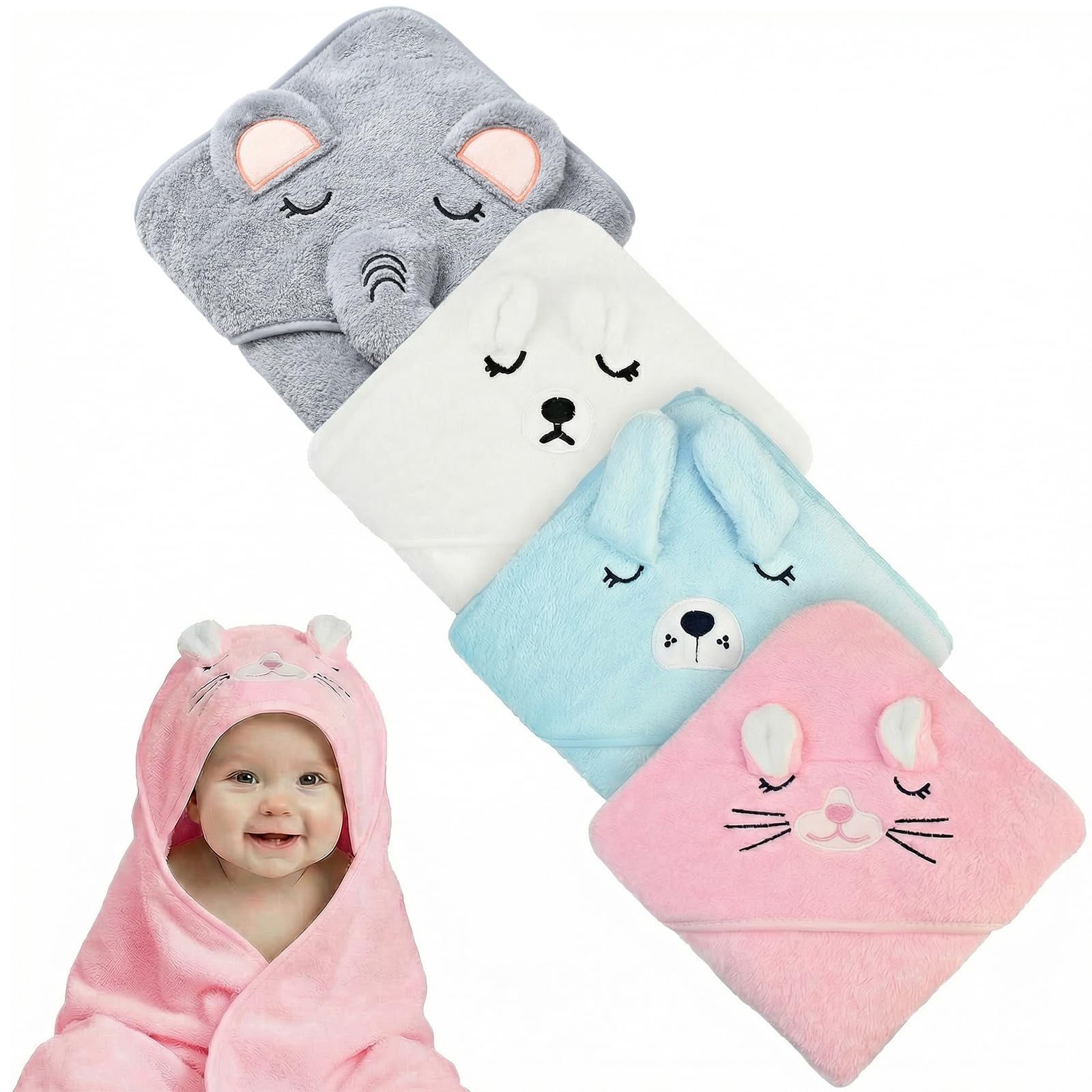 CECOMBINE 4 Pcs Hooded Baby Towel, 80x80cm Baby Bath Towels with Hood, Unique Animal Design Ultra-Soft Absorbent Bath Towel for Newborn, Infant, Girls and Boys (Pink, White, Blue, Gray)
