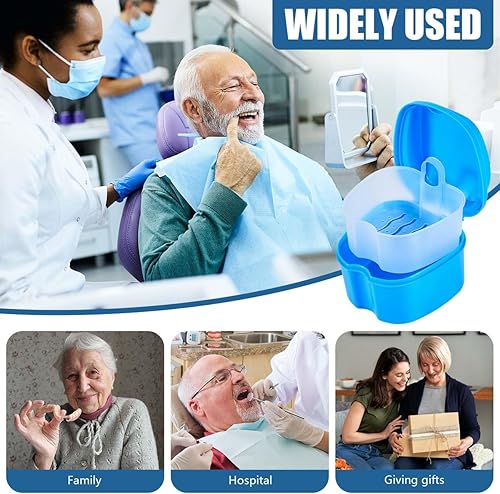 Miniatura 6 de Caja de baño para dentaduras con recipiente, vaso y portacepillos de color azul claro, con cepillo limpiador de dentaduras, colador y cesta para