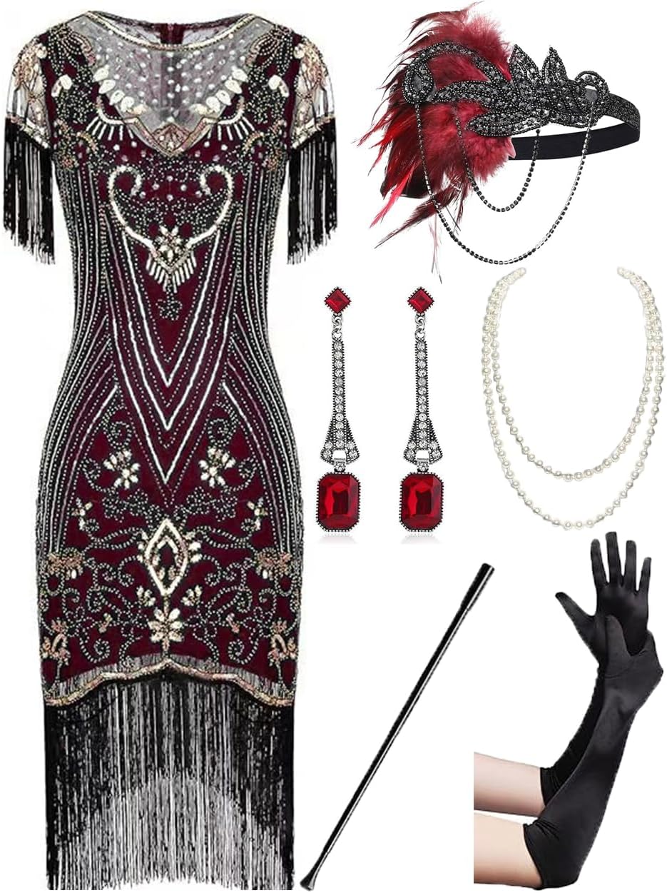 867A - Plus Size 1920s Vintage Fringed Gatsby Sequin Beaded Tassels Hem Flapper Party Prom Cocktail Dress with Accessories
