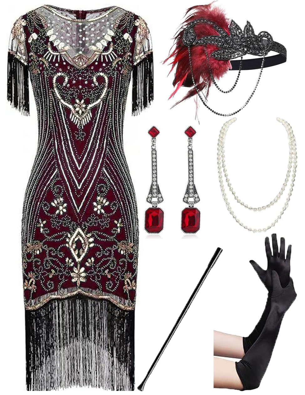 867A - Plus Size 1920s Vintage Fringed Gatsby Sequin Beaded Tassels Hem Flapper Party Prom Cocktail Dress with Accessories
