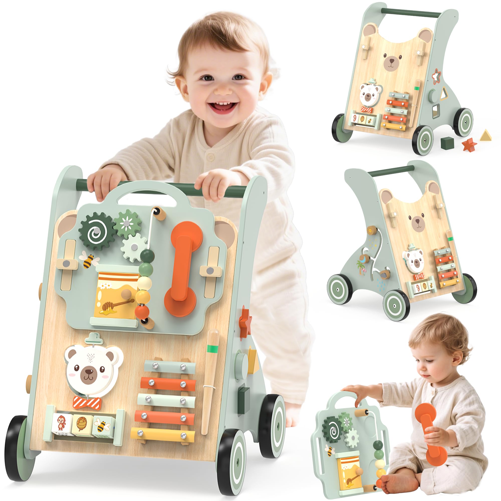woodmam wooden baby walker, adjustable speed baby push walker for 1 year old, 10-in-1 montessori walker for boys & girls, toddler sit-to-stand learning toy with detachable busy board