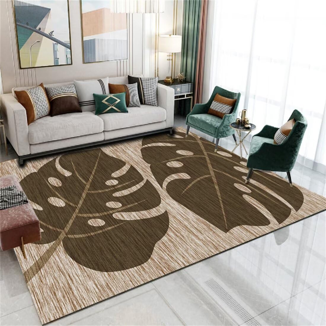 Tapis de terrasse gris rectangulaire 200x300cm avec motif feuilles déco salon