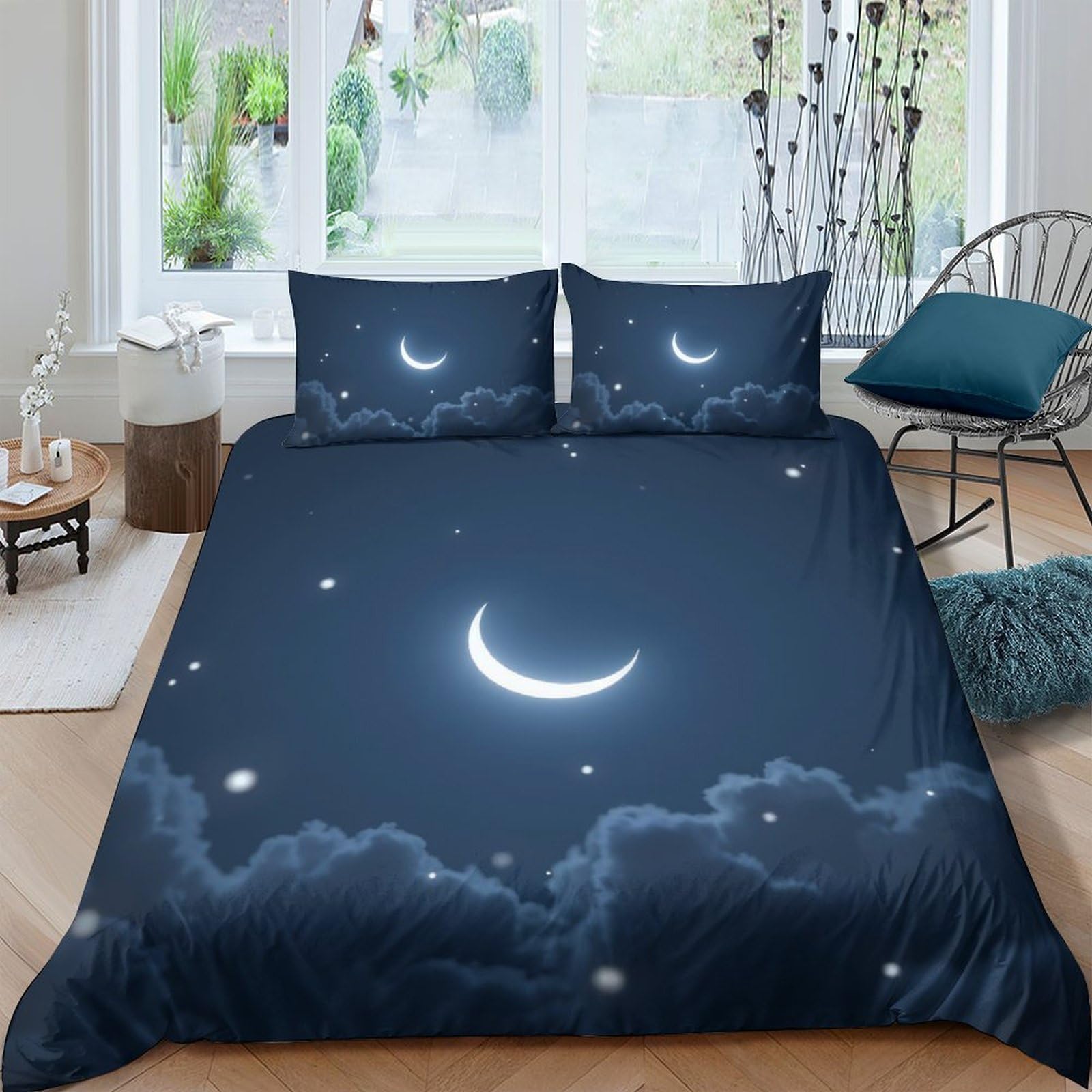 GPLZQXKJNH 3D Printed Night Sky Duvet Cover Microfiber Soft Breathable Crescent Moon Bedding Set with 2 Pillowcases for Bedroom Decor Single（135x200cm）