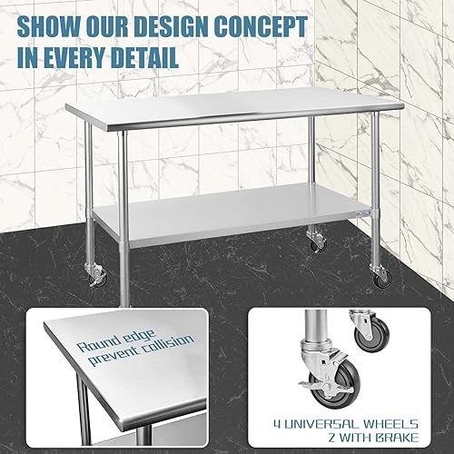 Miniatura 5 de Hally - Mesa de acero inoxidable para preparación y trabajo, 30 x 60 pulgadas, con ruedas giratorias, mesa comercial resistente NSF con estante