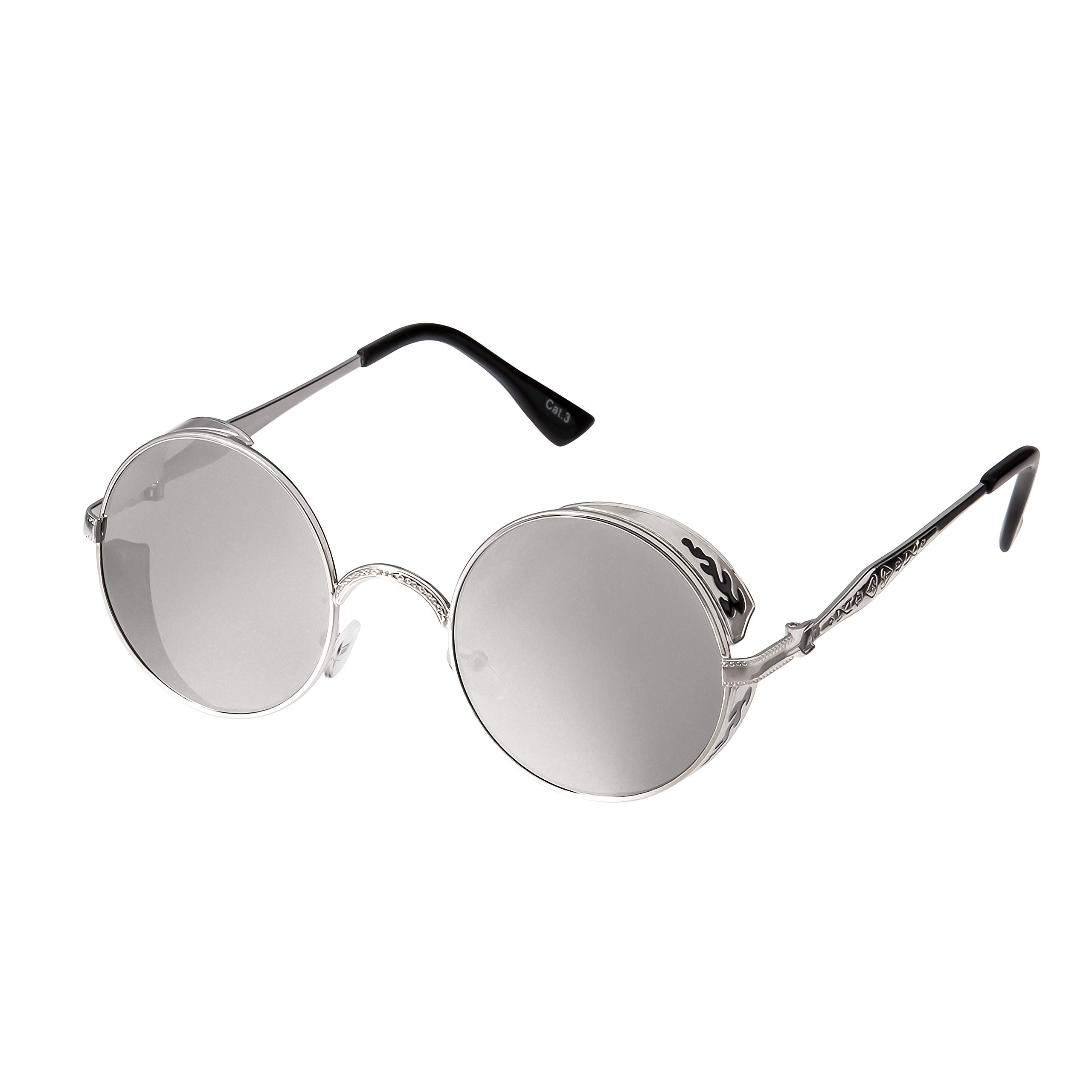 Ultrabyeasypeasystore Unisex Silver With Silver Mirrored Lenses Ultra Steampunk Round Sunglasses Silver With Mirrored Lenses Retro Mens Women Cosplay Cyber Gothic Vintage Uv400 Protection Goggles Blinders