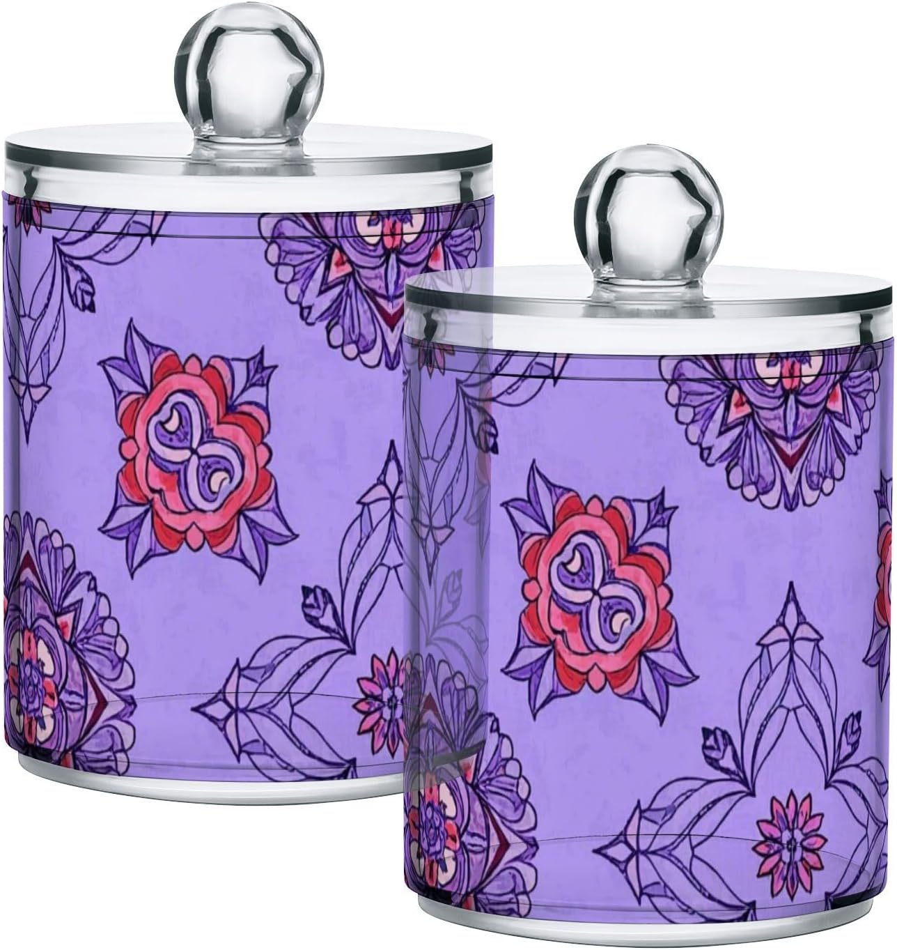 Fashion Rose Floral Purple Boho Clear Plastic Food Organizer Storage with lid Office Essentials Decorative small storage bins for Cotton Swabs,Cotton Pads,Floss Picks,Paper Clips,Hair Clips 2 Pack
