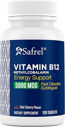 Safrel Vitamina B12 5000 mcg de metilcobalamina, 120 tabletas de disolución rápida, fácil de tomar sabor a cereza B12 sublingual, suministro para