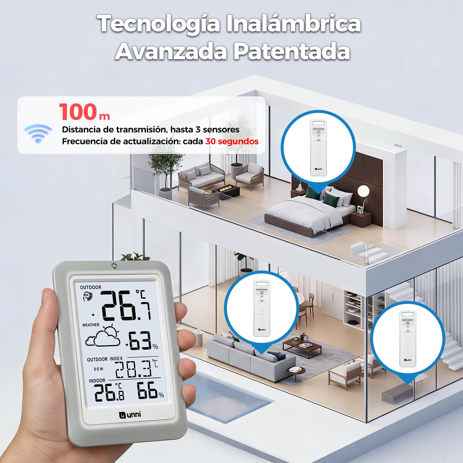 Termómetro inalámbrico para interiores y exteriores funciona con baterías, Sensor remoto de 100 m de alcance y pantalla con retroiluminación
