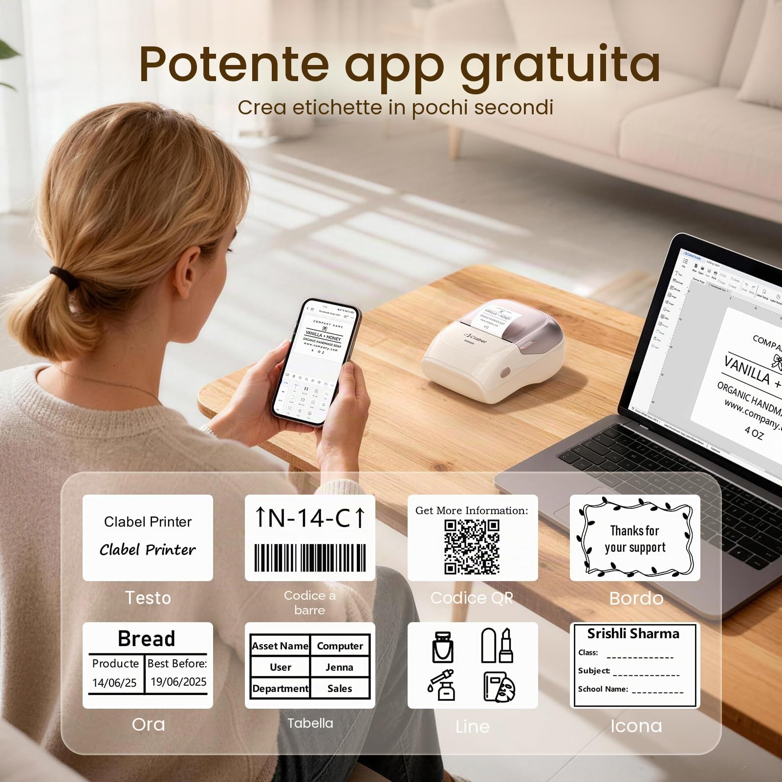CLABEL 221B Stampante per etichette Bluetooth portatile, etichette a cuore per confezioni regalo | Etichette termiche impermeabili 48×38 mm, 180 pezzi/rotolo, senza inchiostro, design a cuore a 4 colo