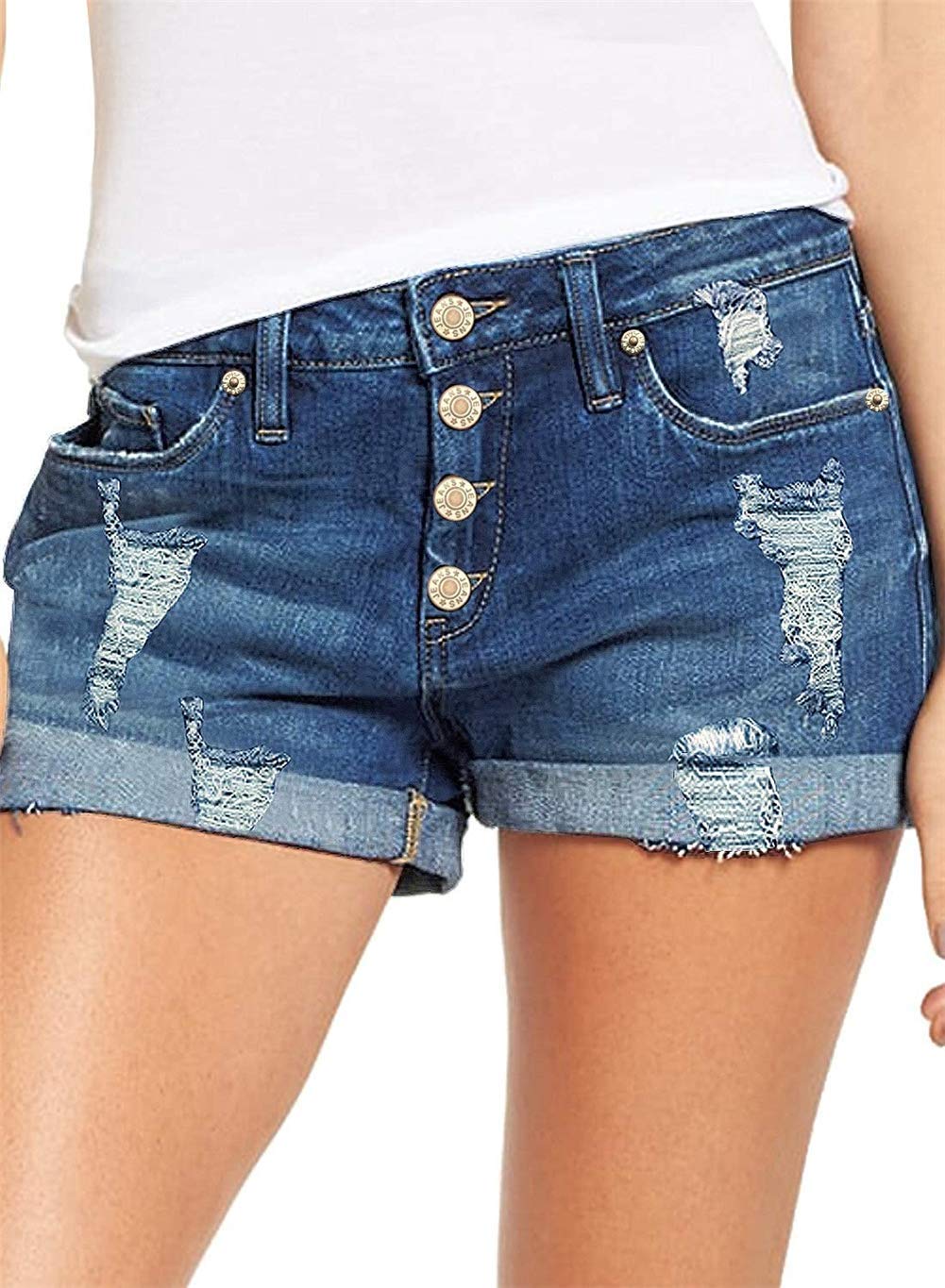 AngerellaDenim Shorts for Women Mid Rise Ripped Jean Shorts Stretchy Folded Hem Hot Short Jeans